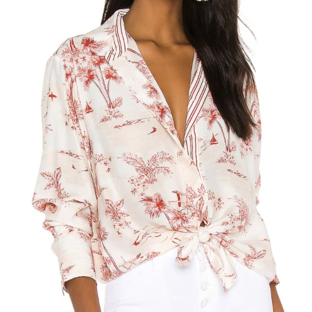 Frame Tie Up Toile Silk Shirt in Burnt Sienna/Off-White, XS